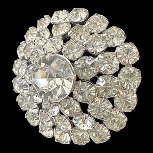 Clear Sparkling Rhinestone Round Brooch Crystal Costume Jewelry Vintage VG
